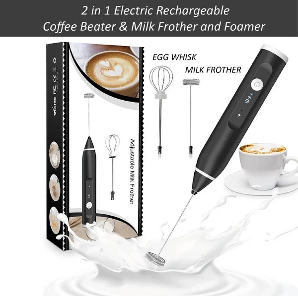 Rechargeable 2 in 1 Electric Coffee Beater Milk Frother Egg Whisk USB Mixer for Kitchen Use