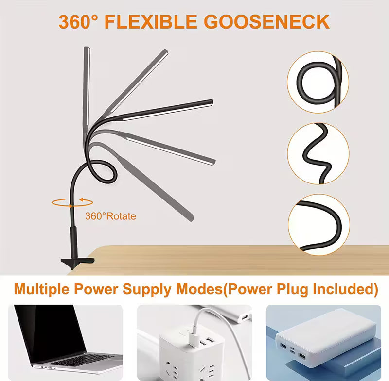 Flexible LED Clip-On Desk Lamp with USB Power - Adjustable Arm, Portable Reading Light for Home