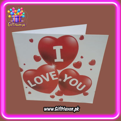 I Love You Printed on 3 Red Hearts Design Greeting Card For Valentine, Anniversary / Wedding Celebration