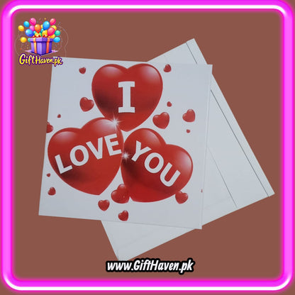 I Love You Printed on 3 Red Hearts Design Greeting Card For Valentine, Anniversary / Wedding Celebration