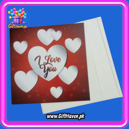 I Love You Printed on 7 Red Hearts Design Greeting Card For Valentine, Anniversary / Wedding Celebration