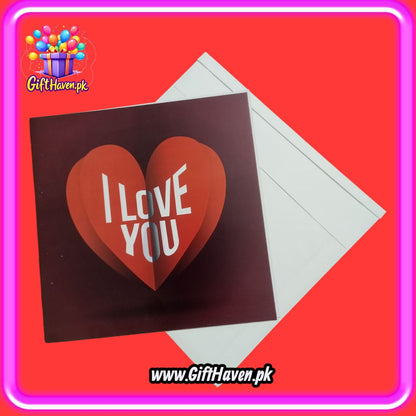 I Love You Printed on 1 Red Hearts Design Greeting Card For Valentine, Anniversary / Wedding Celebration
